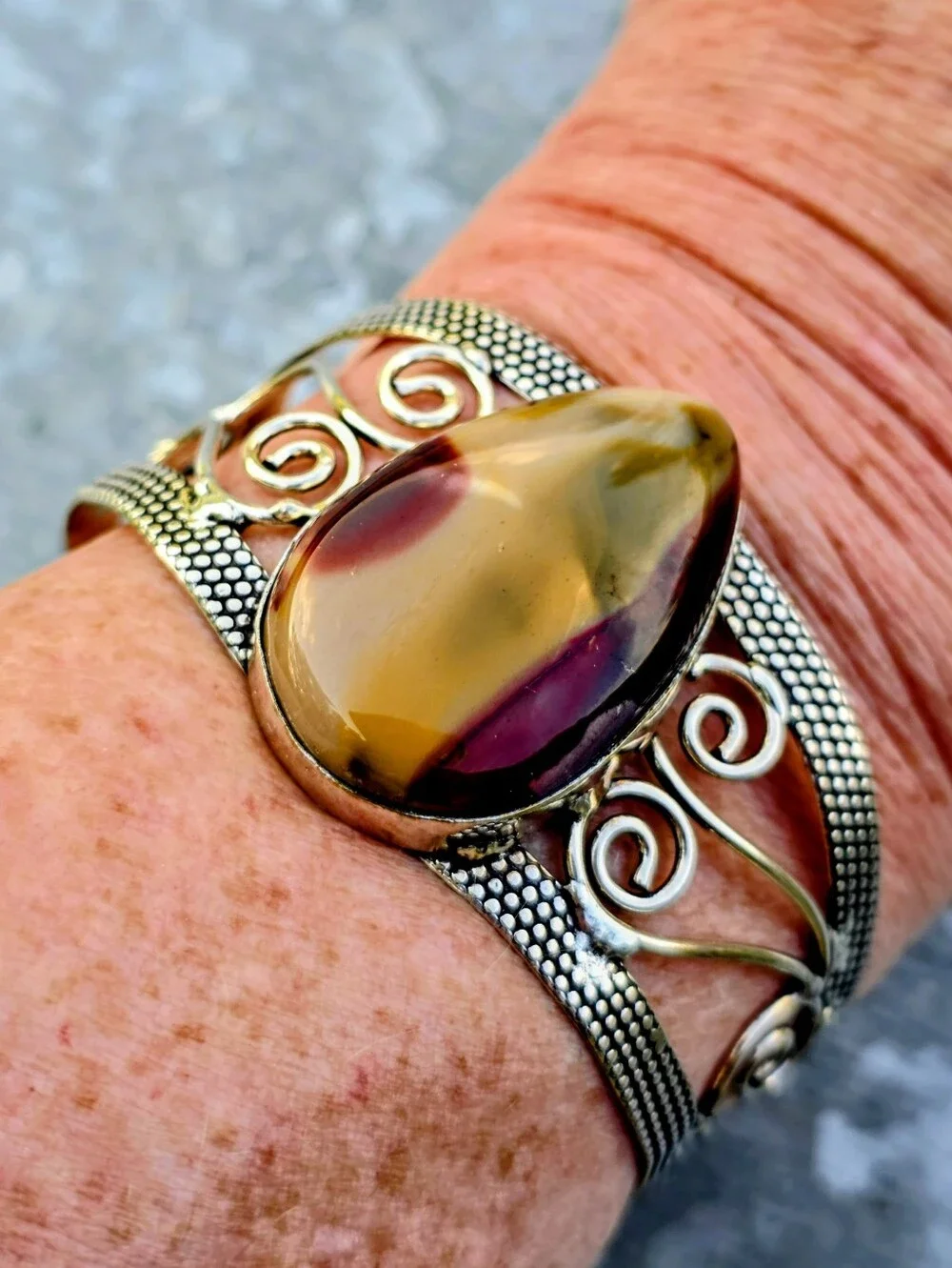 Mookaite Gemstone Cuff Bracelet In 925 Sterling Silver (Adjustable)